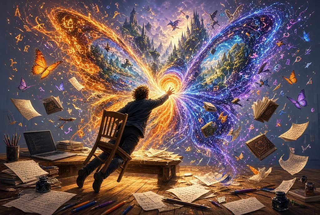 Author being pulled into their fantasy world.